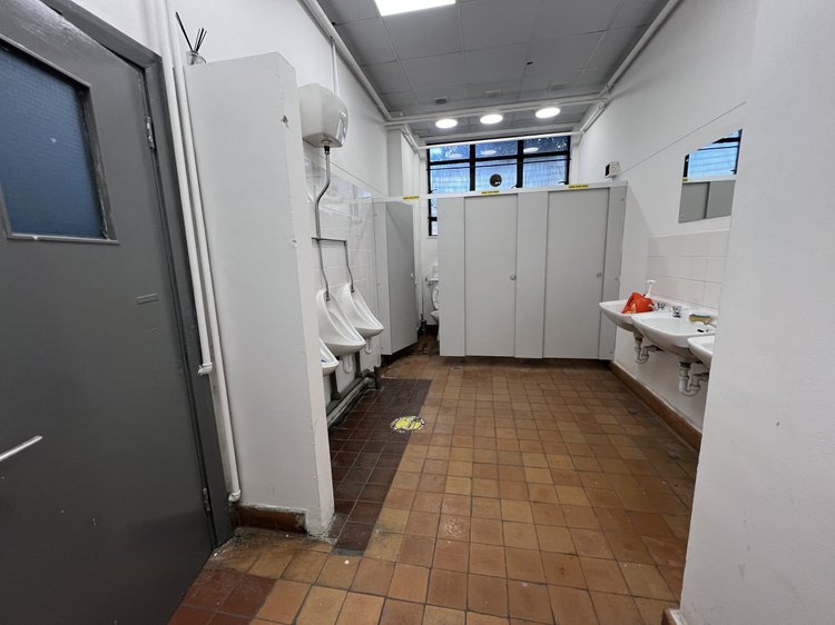 Washroom with basins, urinals and cubicles.