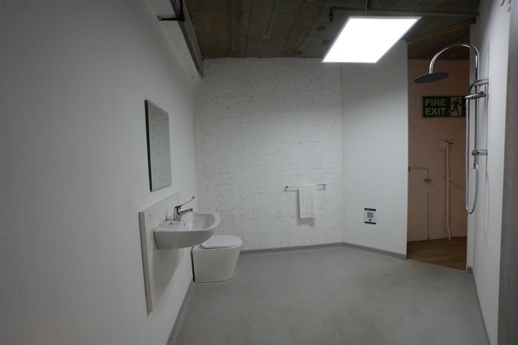 Accessible shower room with a toilet, washbasin and wall-mounted shower.