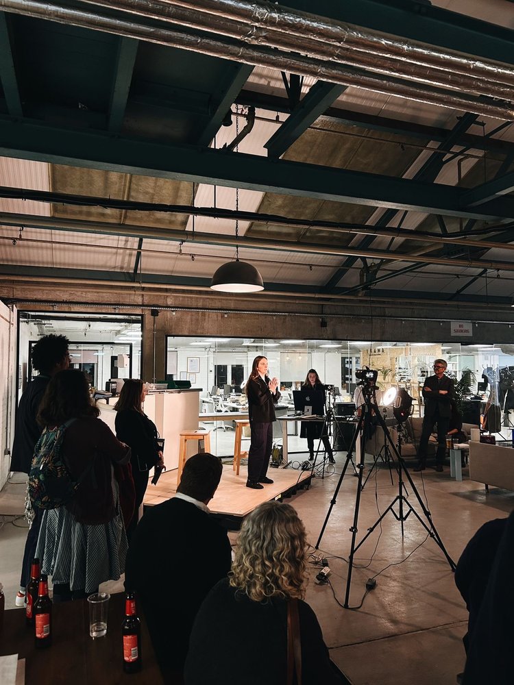 A talk being filmed in the shared event space at Blue Garage.