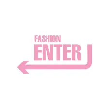Sign with pink text saying Fashion Enter and an arrow pointing left
