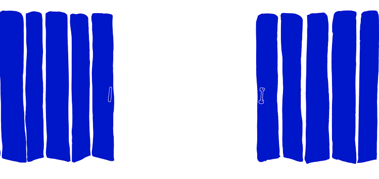 A drawing of two blue wooden doors with black outlines and silver handles, depicted open, revealing a black gap between them.