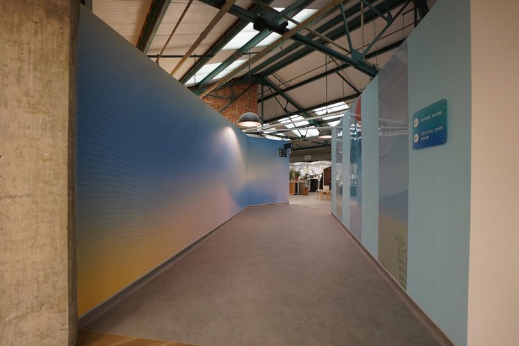 Corridor with a curved blue wall, clinical-room signs and exposed roof beams.